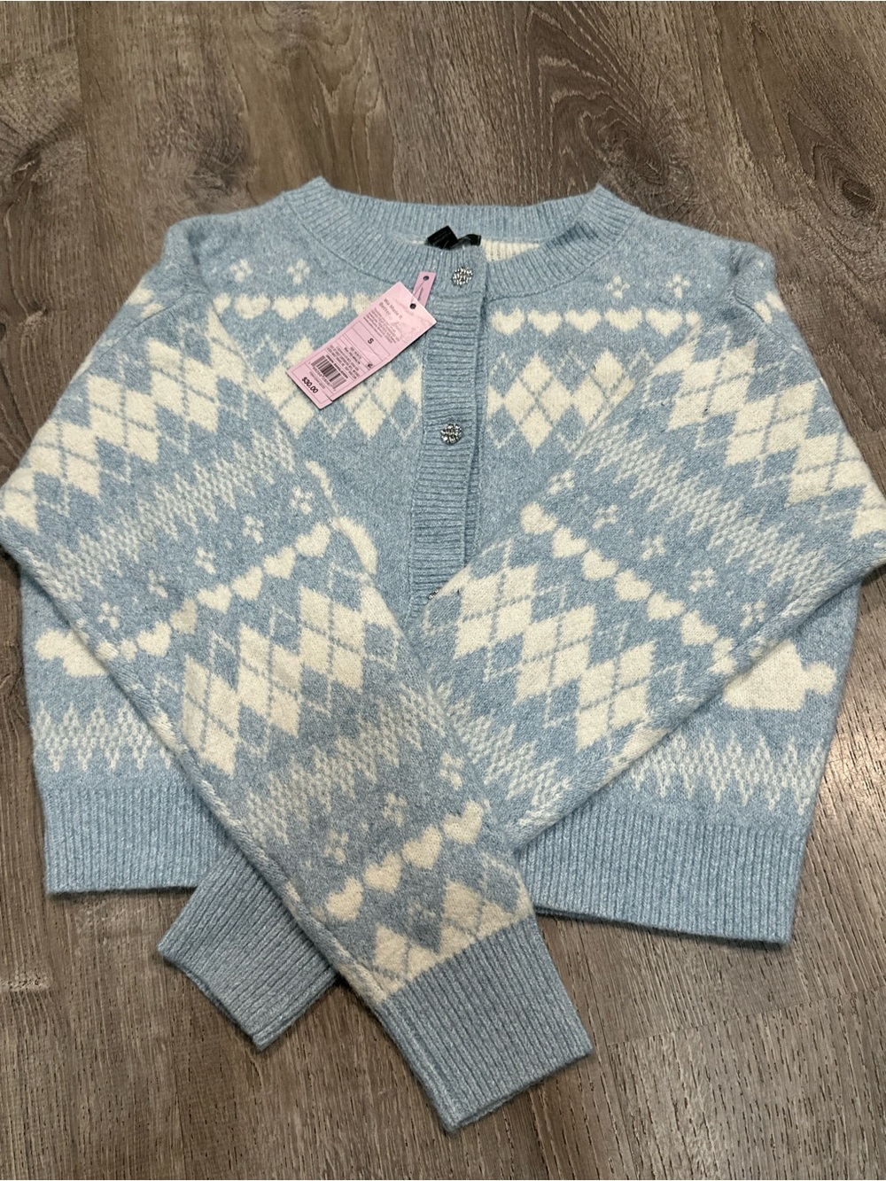 wild fable Light Blue & Cream Fair Isle Crewneck Cardigan